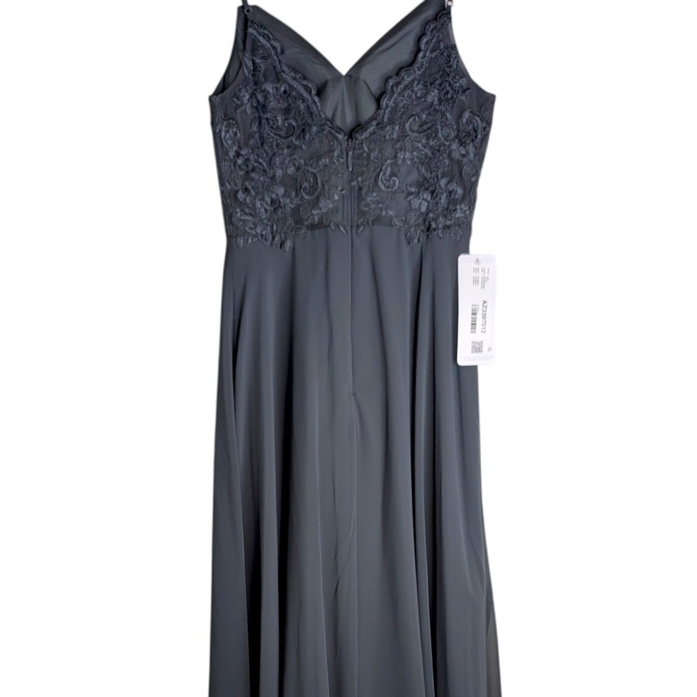 Azazie Lena Pewter Grey Chiffon Lace Back V-Neck Maxi Bridesmaid Dress New